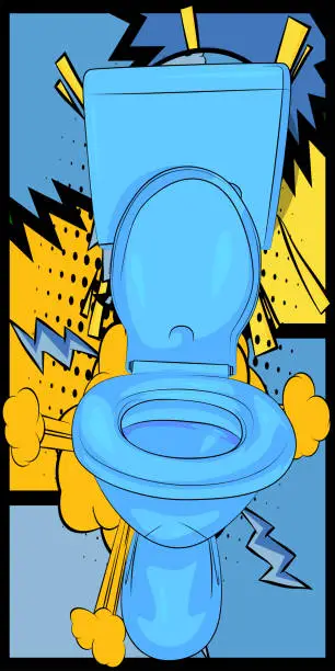 Vector illustration of Cartoon Flush Toilet, comic book Restroom. Retro vector comics pop art design.