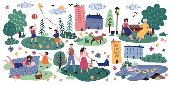 Family walk in park. Picnic on field. Kid with kite. Mom sitting on bench. Forest nature. Flowers or trees. Village meadow. Summer or spring art. Hand drawing elements set. Vector cartoon illustration