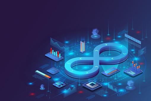 3D DevOps. Development service. Continuous glowing icon. Delivery of quality software app. Cycle cloud of process. Digital connection. Agile technology. Data infographic. Vector isometric background