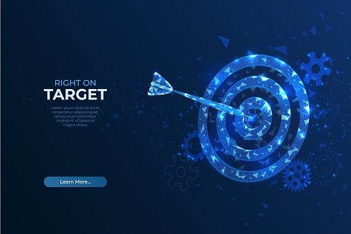 Target goal. Digital technology, blue arrow wireframe, data competition, hit strategy, bullseye, polygonal lines, darts game. Career achievement symbol, vector targeting concept, web banner background
