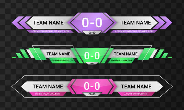ilustrații de stoc cu a treia bară inferioară. titlul meciului de fotbal. baschet vs tablou de bord sportiv. șablon de scor de joc. statistica obiectivelor. timpul de joc și numele echipei atletice. set de machete de afișare a turneelor vectoriale - portar