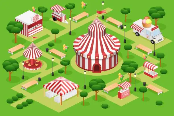 Vector illustration of Festival map. Isometric 3D city. Circus tent or food court. Marketplace trucks. Ice cream car van. Market store. Shooting range and carousel. Park bench and lantern. Vector fairground set