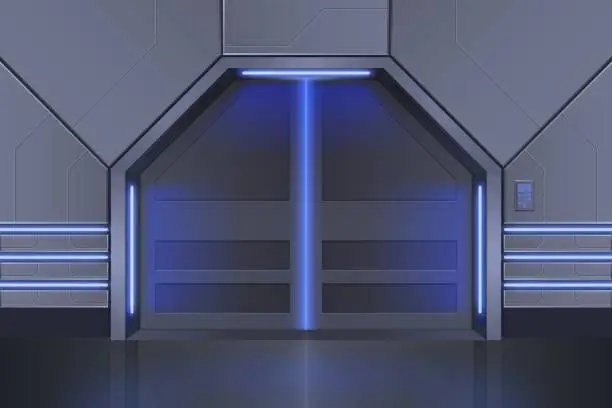 Vector illustration of Spaceship door. Metal space ship interior. Sliding gate inside hexagon wall. Laboratory lock. Futuristic elevator doorway. Glowing lamps. Shuttle indoor design. Vector 3D background