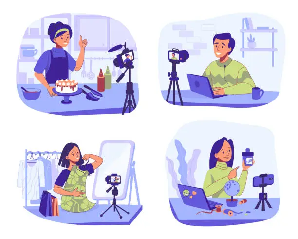 Vector illustration of Bloggers recording video for social media channel. Cooking or needlework vlog. Fashion blog. Podcast content. Internet streaming. People speaking in front of camera. Vector vloggers set