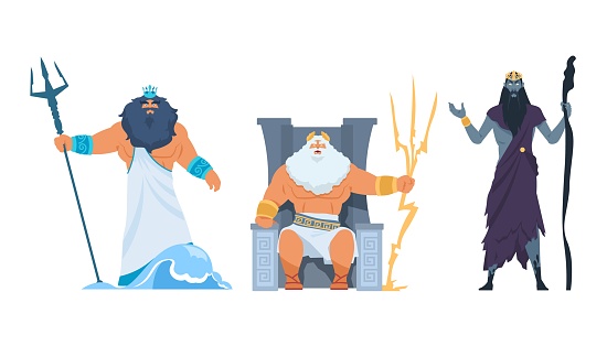 Cartoon Greek gods. Ancient mythological male characters. Zeus on throne. Poseidon and Hades. Mythical divinities. Antique religion. Deities with tridents. Olympian pantheon. Divine men vector set