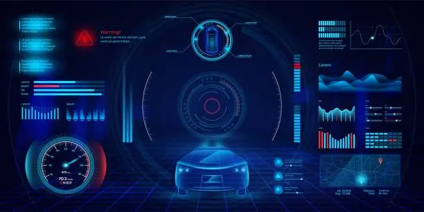 Vector illustration of Smart car dashboard. Autonomous digital interface. Futuristic HUD wireframe. AI scan screen. GPS or speedometer. Automobile viewfinder. Infographic panels. Vector UI hologram design