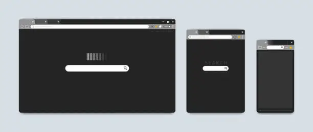 Vector illustration of Mac browser windows. Screen web interface for Apple or Chrome. Dark design. URL address and search tab bar. Empty frame. Menu option button. Vector computer or mobile UI template set