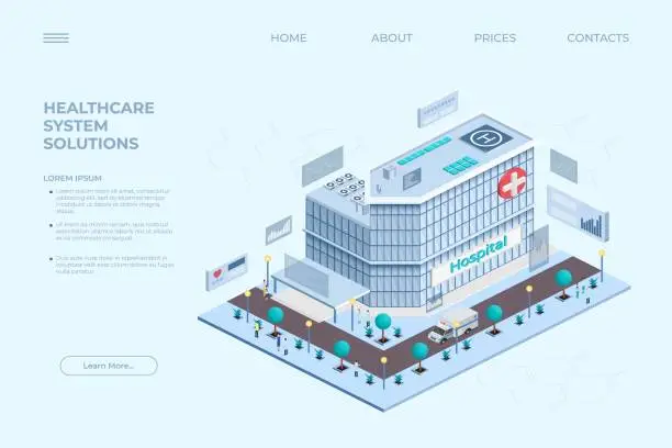 Vector illustration of Isometric hospital landing page. Medical center. Emergency service. Health care clinic. Doctors appointment. Pharmacy or ambulance car. Website design. Vector illustration infographic