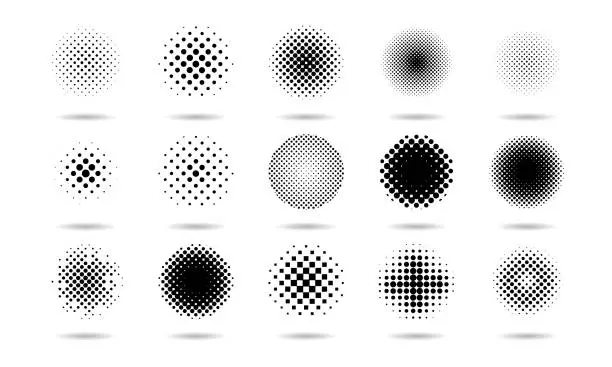 Vector illustration of Dot circles. Half tone gradient pattern. Round abstract isolated elements with point effect. Fade image. Graphic spray textures set. Geometric grunge dotted spots. Vector black background