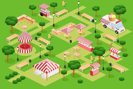 Marketplace map. Isometric food fair. 3D line market or shop town. City street. Outdoor cafe court. Park area. Fastfood kiosks. Ice cream auto van. Bench and table with umbrella. Vector illustration
