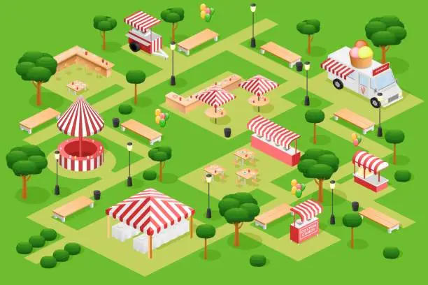 Vector illustration of Marketplace map. Isometric food fair. 3D line market or shop town. Outdoor cafe court. Park area. Fastfood kiosks. Ice cream van. Bench and table with umbrella. Vector illustration