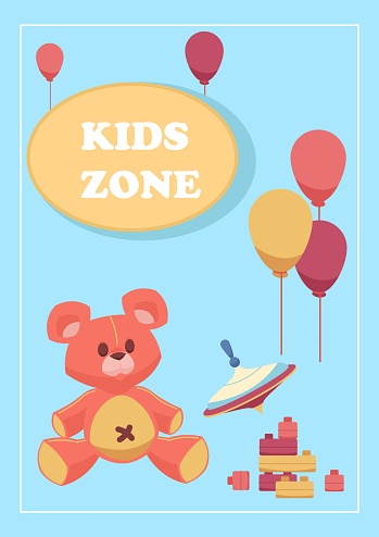 Cute toys. Kids zone banner. Playthings for children. Colorful balloons and plush animals, construction blocks, kindergarten or playground poster. Cartoon flat style isolated vector illustration