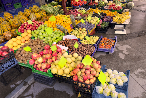 Close up local produce street market stand in Mediterranean Turkey