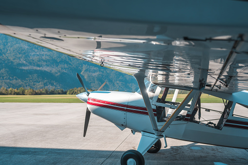 Wangen-Lachen, Switzerland, July 31, 2022 Reims Cessna 172P Skyhawk II propeller plane is landing on a small airfield