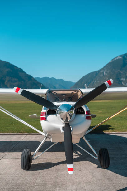 A small plane's propeller, with clear skies and mountains forming a serene backdrop, emphasizing the prospect of an aerial tour.