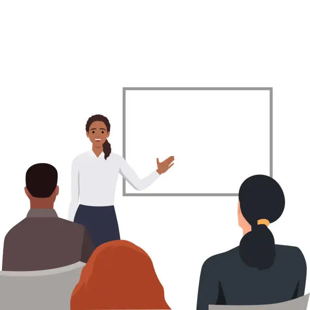 Vector illustration of Young woman doing presentation. Group of business workers smiling happy and confident in a meeting.