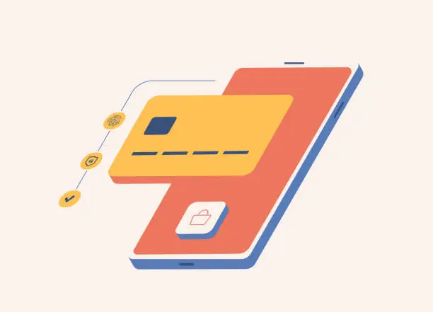 Vector illustration of Mobile Payment Security, Fraud Prevention. Safe online shopping with mobile payment system app. Conveniently pay via m-banking, electronic wallet, virtual credit bank card app. Vector illustration