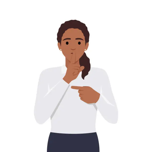 Vector illustration of Young woman Shh! Gesture is quieter. The concept of male secret. A man asks for silence and pointing to side.