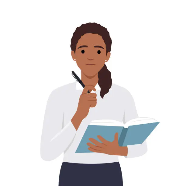 Vector illustration of Thoughtful woman with open textbook puts pen to chin remembering correct answer to questions.