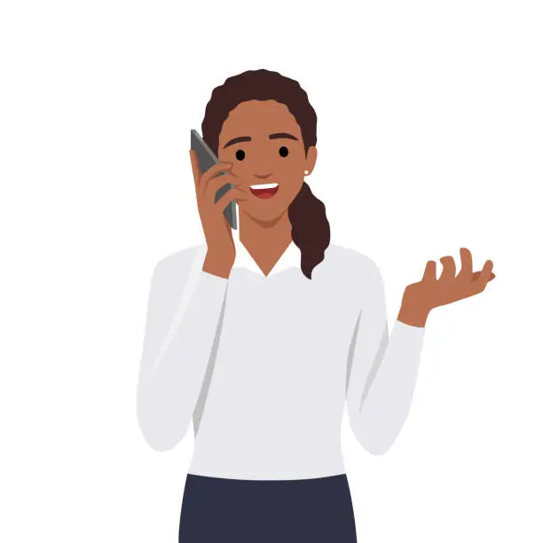 Vector illustration of Woman talking on cellphone vector illustration. Young woman communicates via phone call.