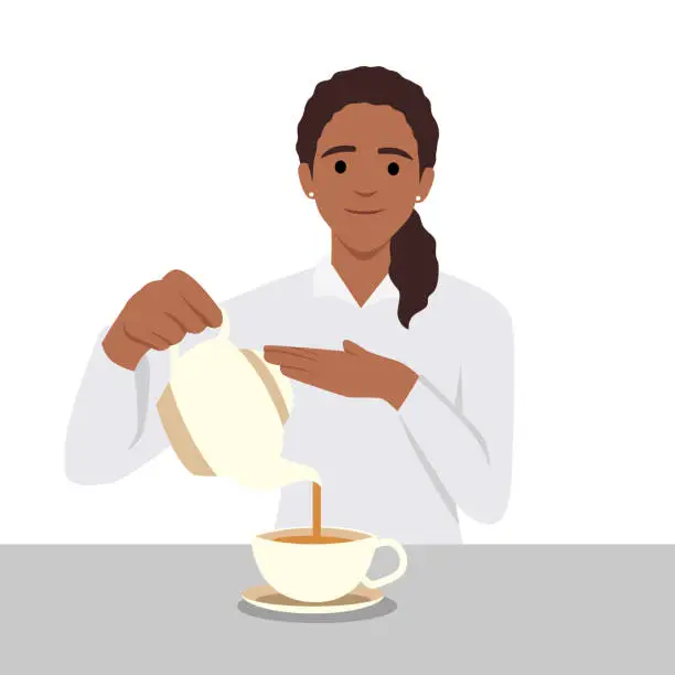 Vector illustration of Young woman pouring tea in cup from kettle. Smiling guy enjoy warm coffee.