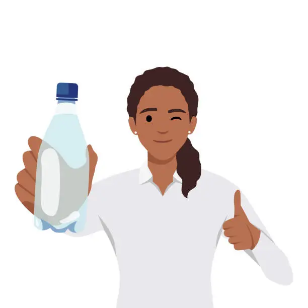 Vector illustration of Healthy young woman showing bottle of mineral water and give thumb up