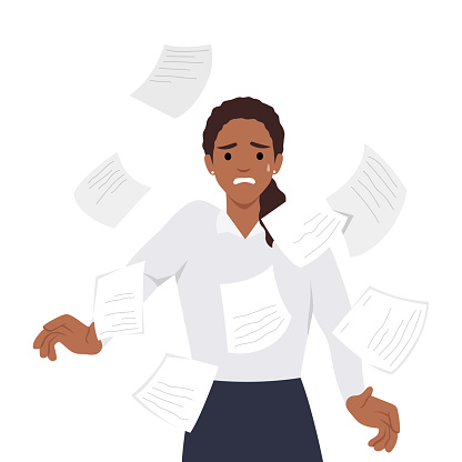 Young woman with headache stress symptom with pile documents and paperworks fly around her. Stressed worker. Flat vector illustration isolated on white background