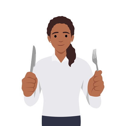 Young woman holding fork and knife. Hungry woman waiting for food. Flat vector illustration isolated on white background