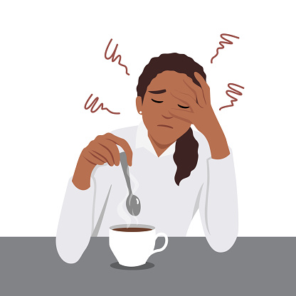 Young woman exhausted sit at table drink coffee feel fatigue or drowsiness. Tired female suffer from overwork lack energy need caffeine. Flat vector illustration isolated on white background