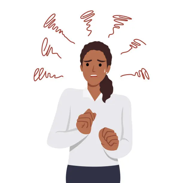 Vector illustration of Young anxious worried woman girl teenager charater looking stressed and nervous.