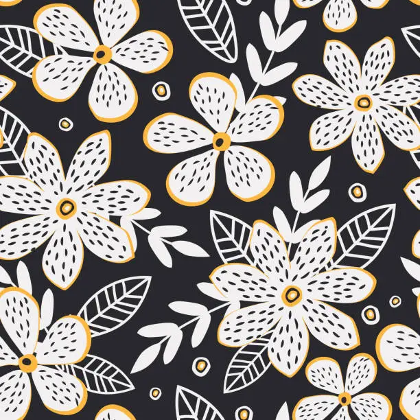 Vector illustration of Fancy white flowers, leaves and branches form a modern botanical seamless pattern for textiles with a black background. Vector.