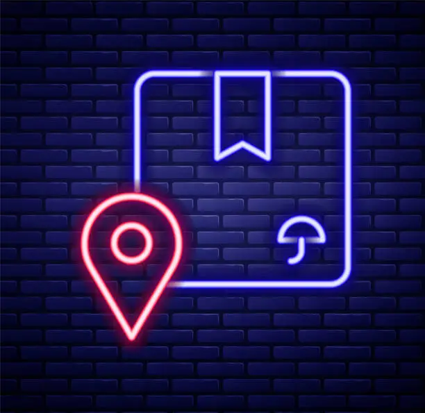 Vector illustration of Glowing neon line Location with cardboard box icon isolated on brick wall background. Delivery services, logistic and transportation, distribution. Colorful outline concept. Vector