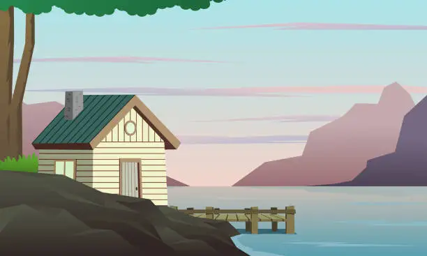 Vector illustration of Wooden house with beautiful lake and mountain landscape. Countryside.