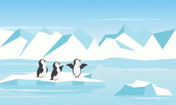 Vector illustration of Arctic landscape with penguins, iceberg, and snow. Vector illustration.