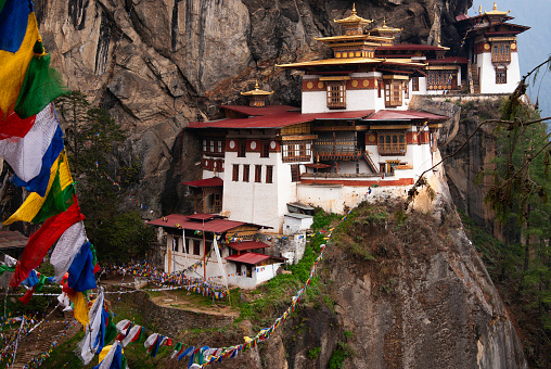 Close views of Tiger's Nest; Taktshang Goemba; Guru Rinpoche flew here on tigress and subdued demons of Paro Valley, Bhutan, Asia