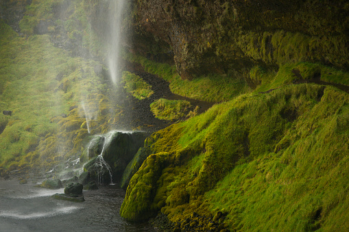 Seljalandsfoss waterfall cascading down a mossy landscape, Iceland