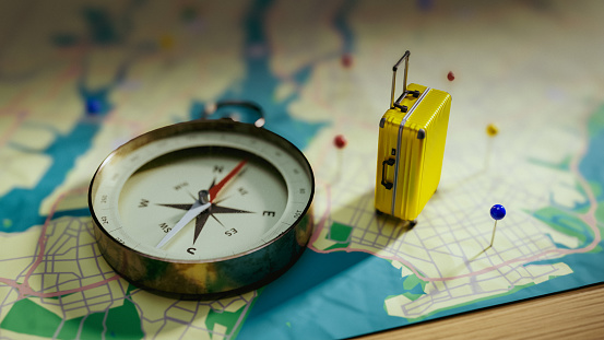 Map and compass background for traveling.3d rendering