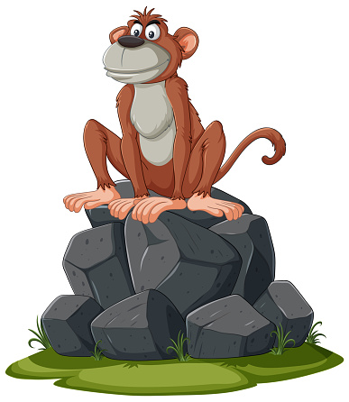 A smiling monkey sitting atop a pile of rocks.