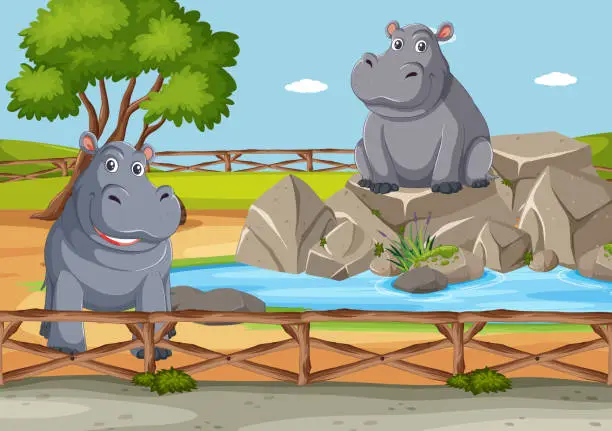 Vector illustration of Two cartoon hippos near a small pond and rocks.