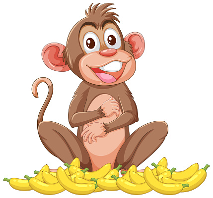 A happy monkey surrounded by ripe bananas