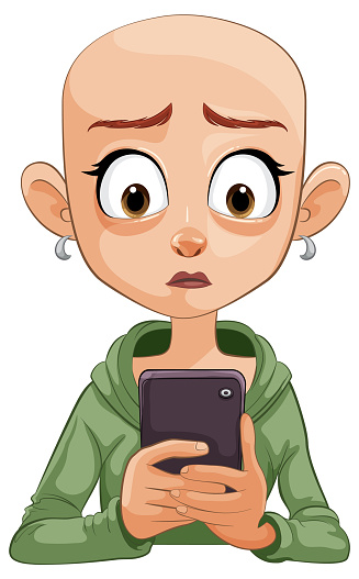 Bald cartoon character with wide eyes holding a smartphone