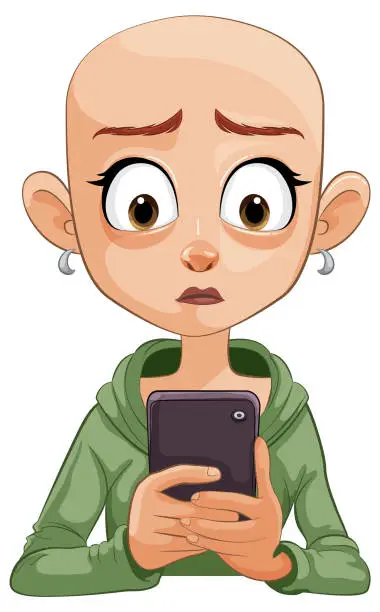Vector illustration of Bald cartoon character with wide eyes holding a smartphone