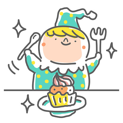 Cute Characters Design Vector Art Illustration.
Hand Drawing Line Art: A cute boy in pajamas or performance clothes sits at a table and eats a cake.