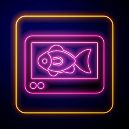 Glowing neon Fish finder echo sounder icon isolated on black background. Electronic equipment for fishing. Vector.