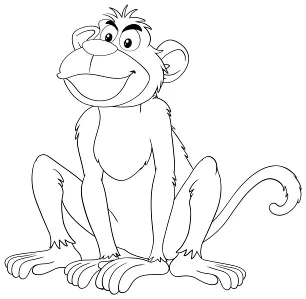 Vector illustration of Black and white illustration of a happy monkey