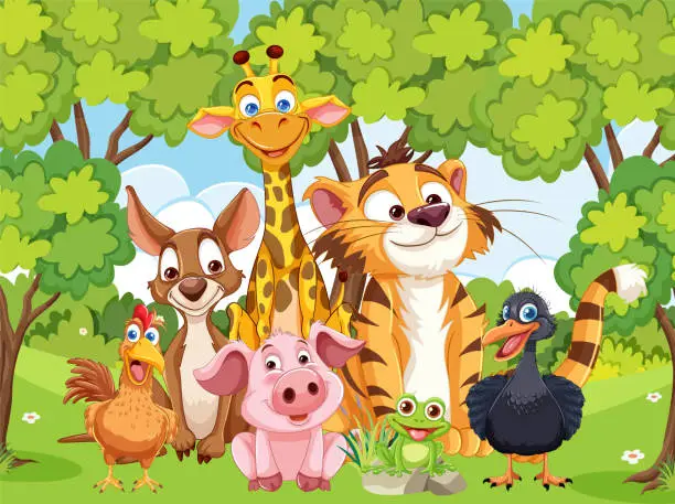 Vector illustration of Colorful animals smiling together in a forest setting