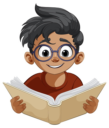 Cartoon of a happy child immersed in reading