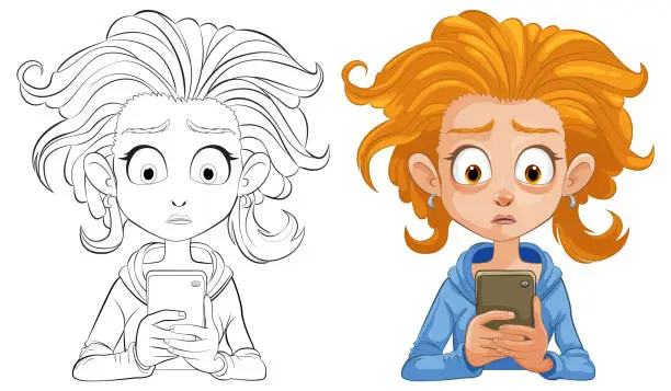 Vector illustration of Vector illustration of a surprised young girl with phone