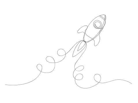 Rocket continuous one line drawing shape art isolated vector illustration on white background.