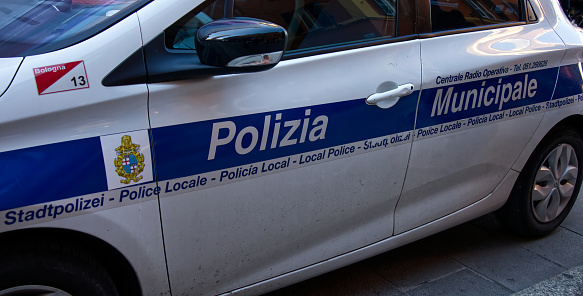 Bologna - Italy - November 25, 2023: Italian Polizia Municipale car (Local Police). Keeping safety in Bologna.